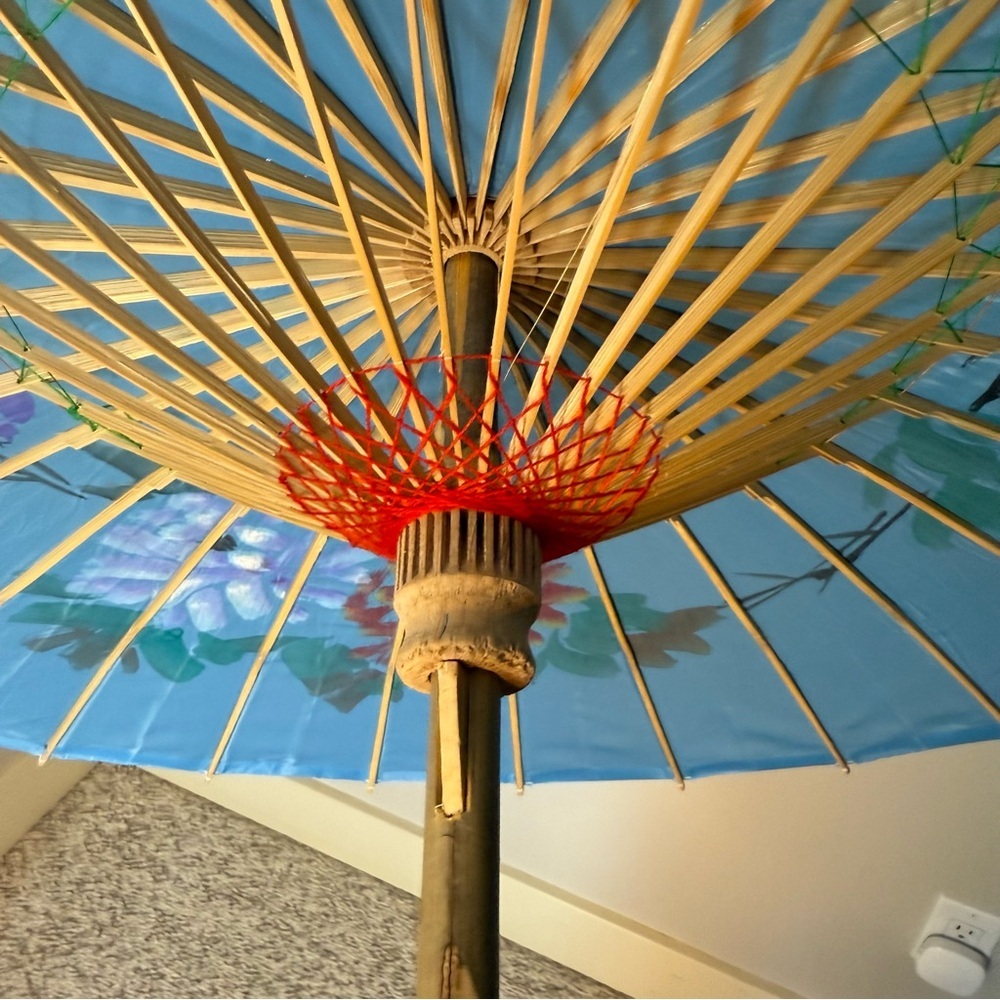 Asian Japanese Parasol Umbrella Nylon Bamboo Blue Blossoms Birds Sun Shade - Picture 8 of 13